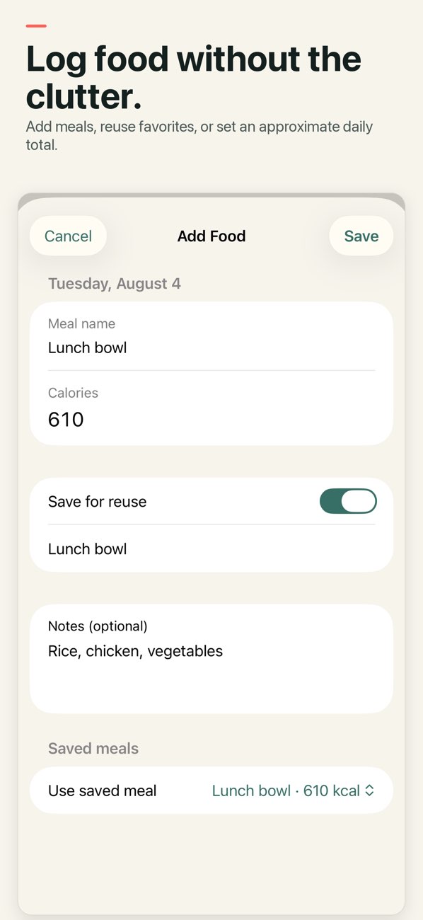 Calorie Arc: Energy Balance — Adding a meal with calories, notes and an option to save it for later.