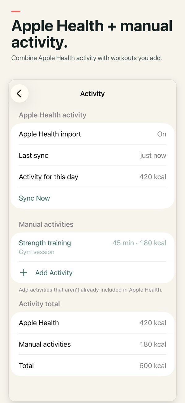 Calorie Arc: Energy Balance — Activity imported from Apple Health alongside manually added workouts.