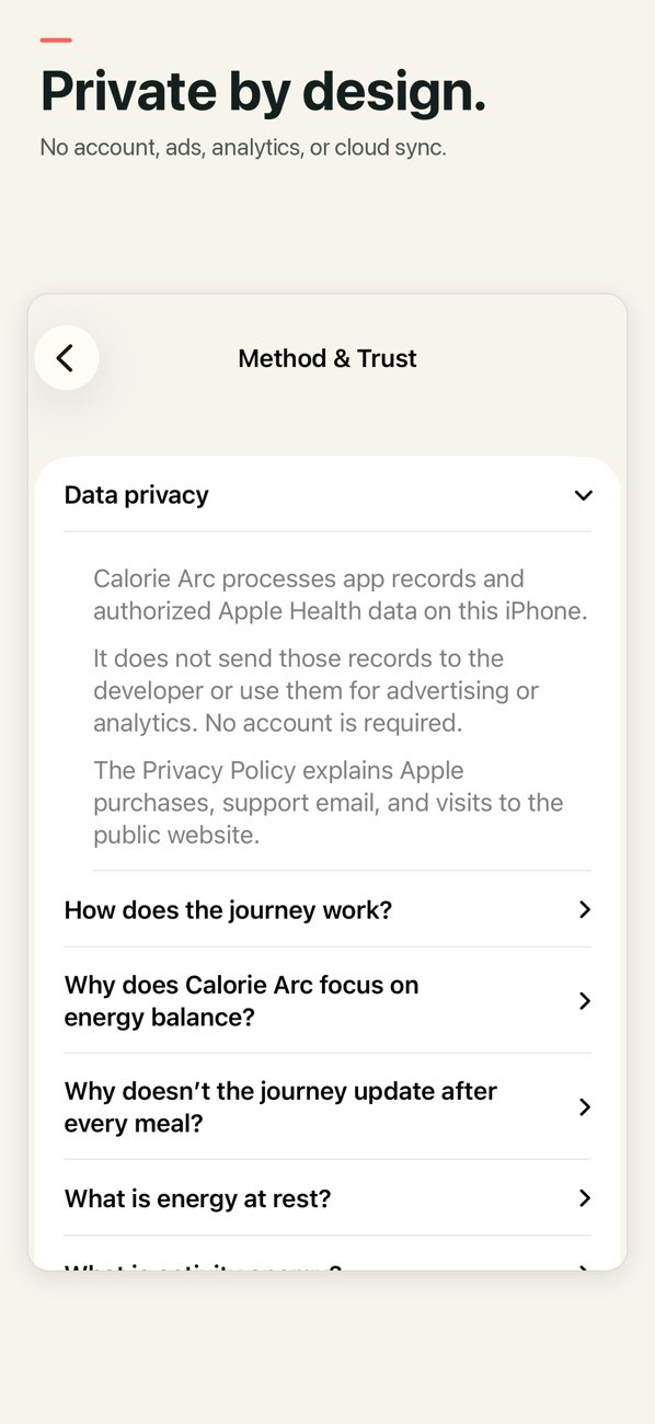 Calorie Arc: Energy Balance — An explanation of data privacy and how the calorie balance is calculated.