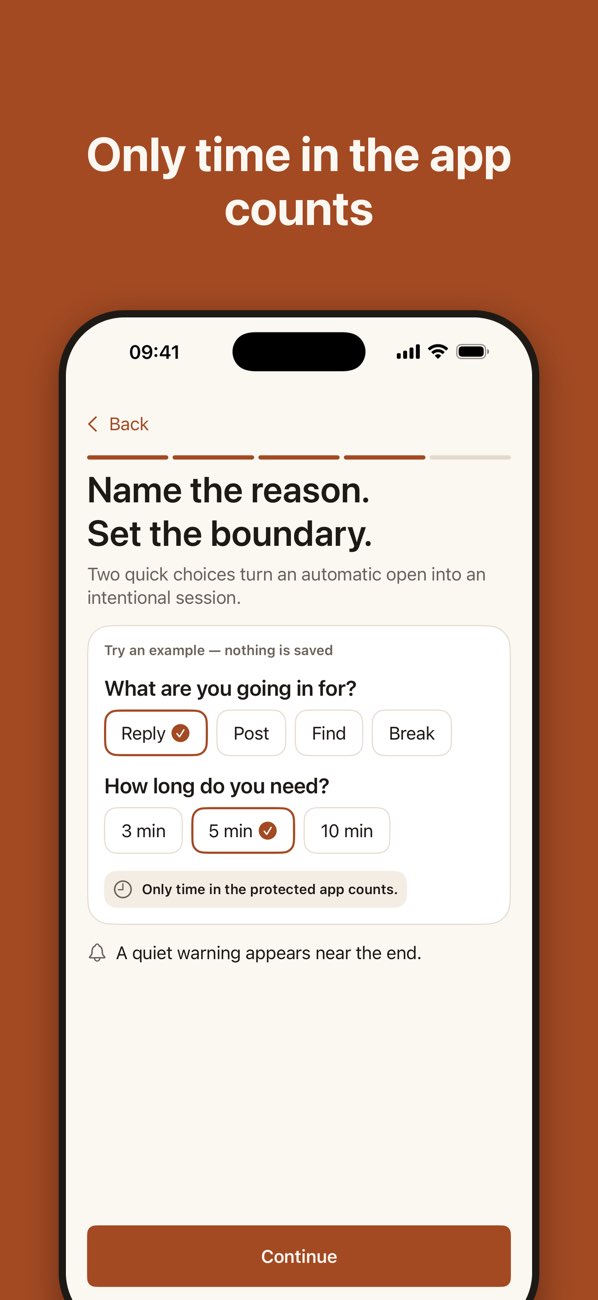 App Blocker: StayBrief — An example session with a purpose and a time limit. Only time spent in the selected app counts.