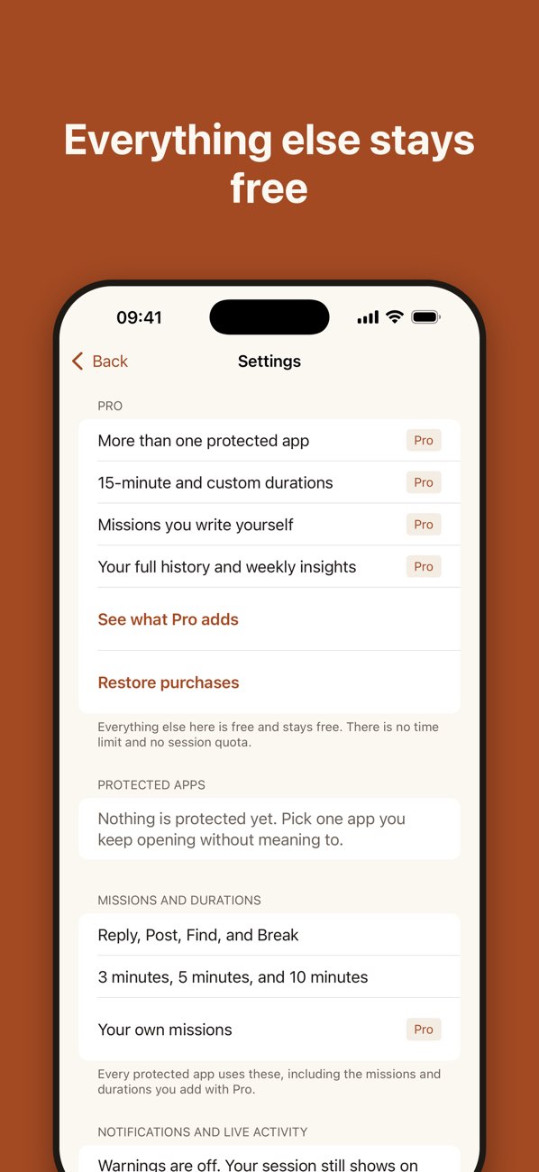 App Blocker: StayBrief — Settings for protected apps, purposes, session lengths and notifications.